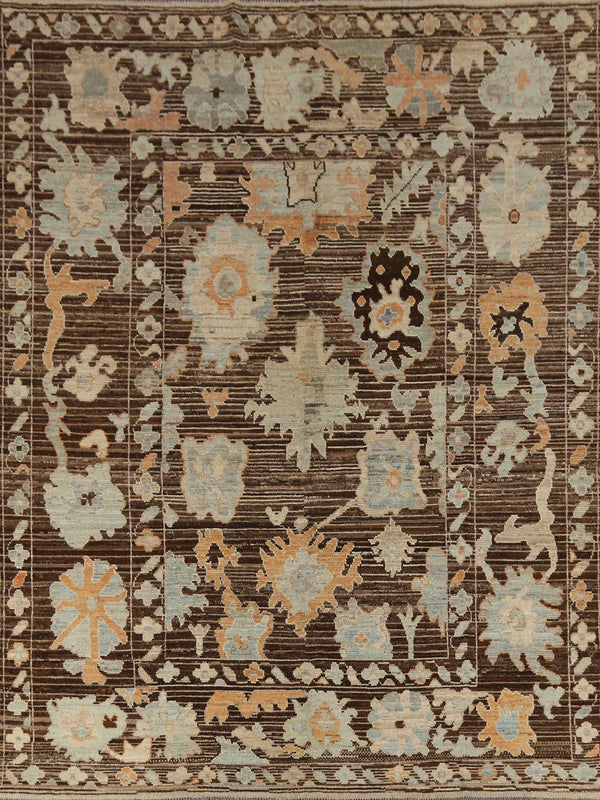 Oushak All-Over Floral Scatter Dark Chocolate Brown and Blue Hand Knotted 8x10 Vintage Antique Wool Area Rug