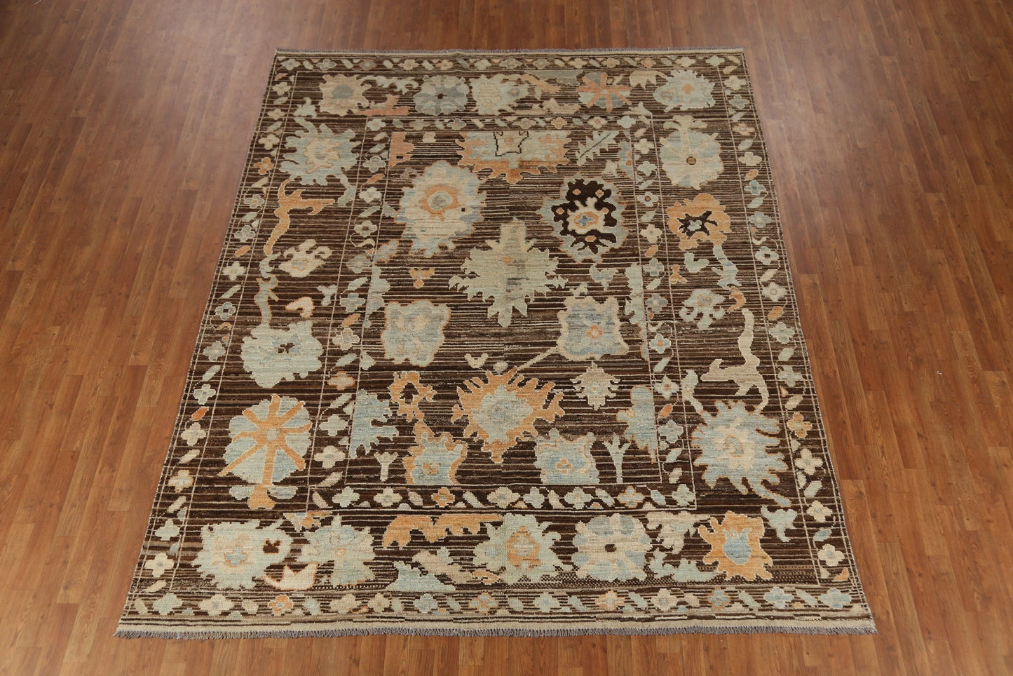 Oushak All-Over Floral Scatter Dark Chocolate Brown and Blue Hand Knotted 8x10 Vintage Antique Wool Area Rug