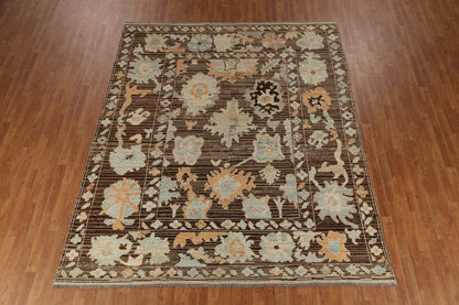 Oushak All-Over Floral Scatter Dark Chocolate Brown and Blue Hand Knotted 8x10 Vintage Antique Wool Area Rug