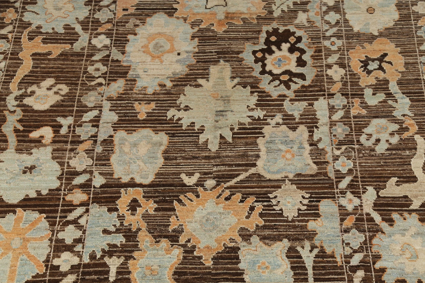 Oushak All-Over Floral Scatter Dark Chocolate Brown and Blue Hand Knotted 8x10 Vintage Antique Wool Area Rug