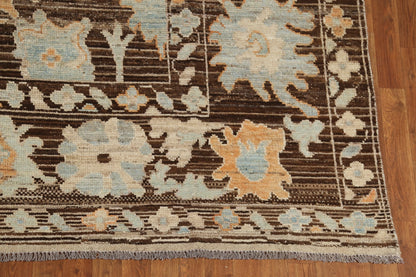 Oushak All-Over Floral Scatter Dark Chocolate Brown and Blue Hand Knotted 8x10 Vintage Antique Wool Area Rug