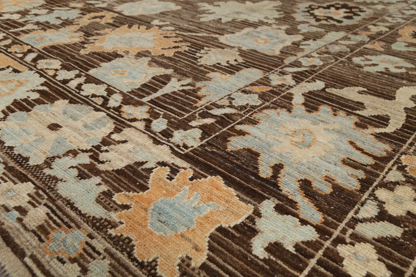 Oushak All-Over Floral Scatter Dark Chocolate Brown and Blue Hand Knotted 8x10 Vintage Antique Wool Area Rug