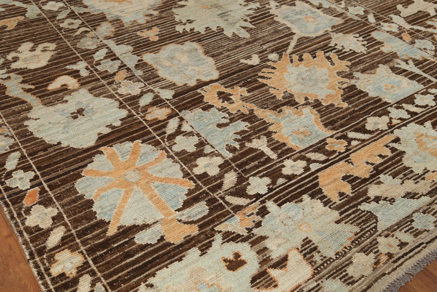 Oushak All-Over Floral Scatter Dark Chocolate Brown and Blue Hand Knotted 8x10 Vintage Antique Wool Area Rug