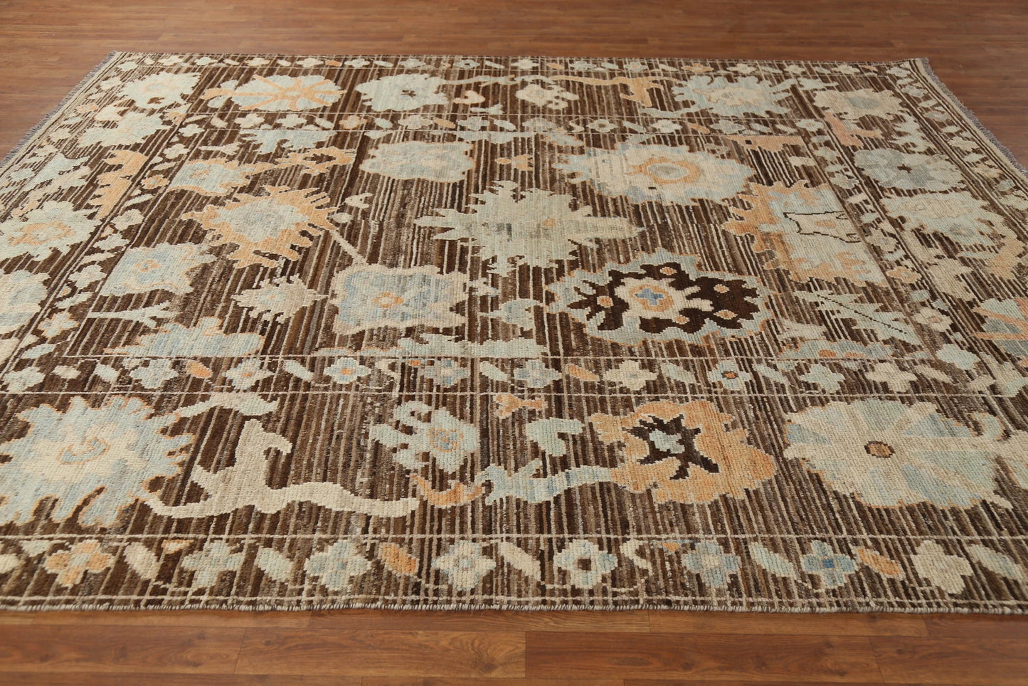 Oushak All-Over Floral Scatter Dark Chocolate Brown and Blue Hand Knotted 8x10 Vintage Antique Wool Area Rug