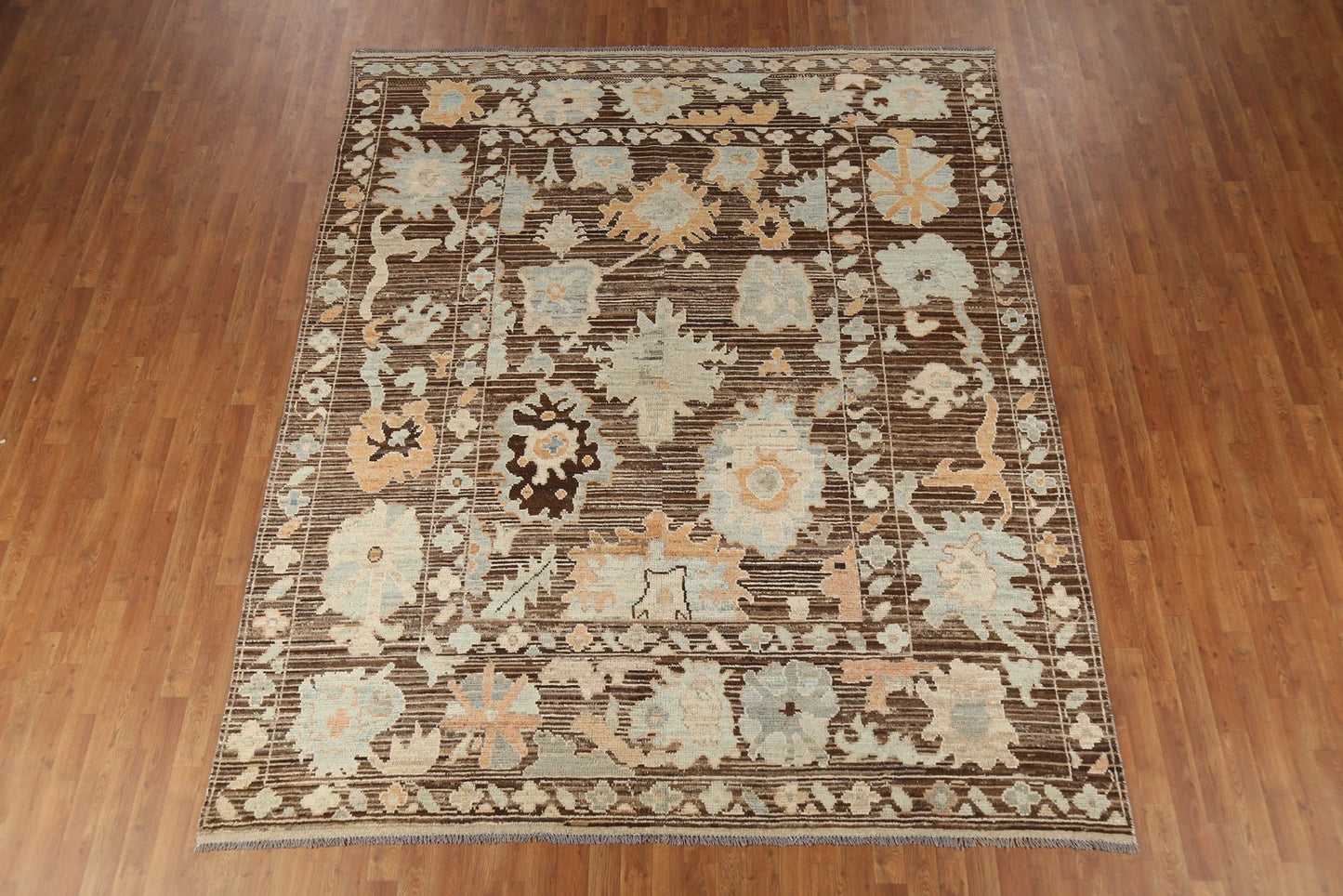 Oushak All-Over Floral Scatter Dark Chocolate Brown and Blue Hand Knotted 8x10 Vintage Antique Wool Area Rug