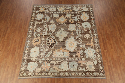 Oushak All-Over Floral Scatter Dark Chocolate Brown and Blue Hand Knotted 8x10 Vintage Antique Wool Area Rug