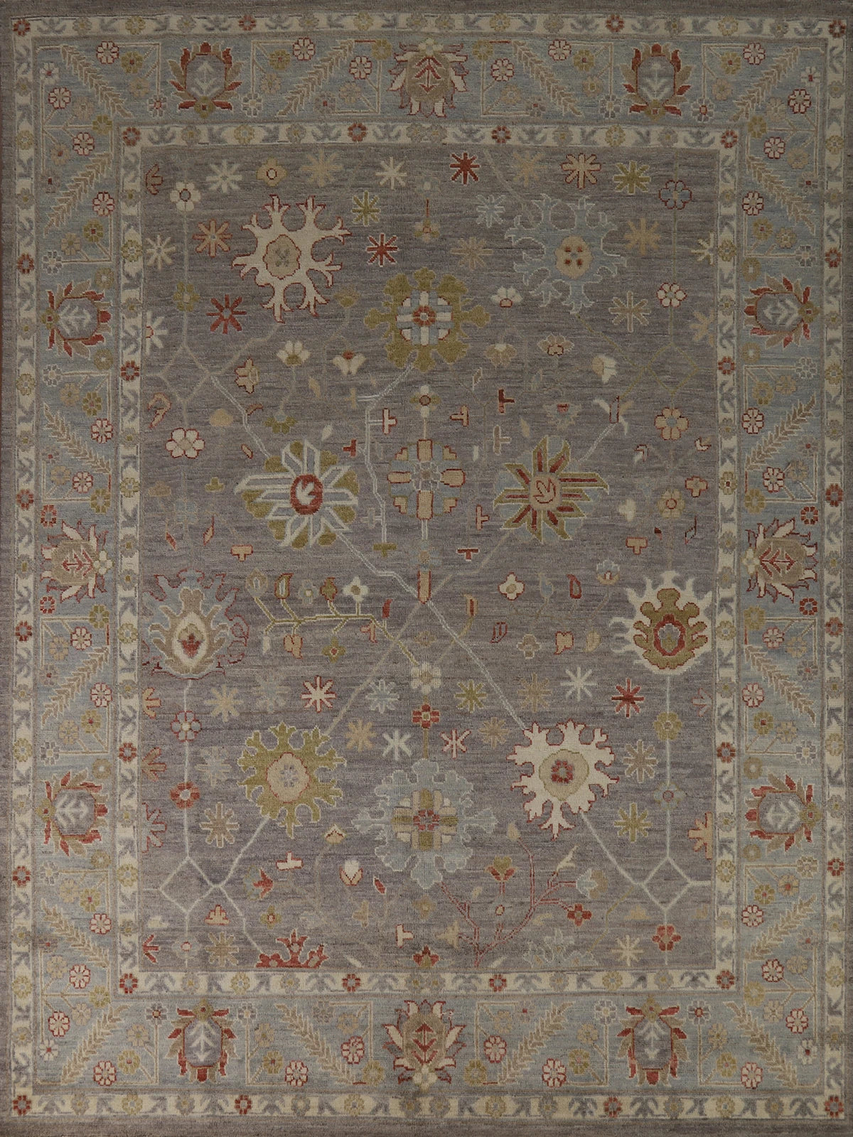 8x10 Refined Blue Grey and Ivory Oushak Hand Knotted All-Over Diamond Trellis Floral Antique Wool Area Rug