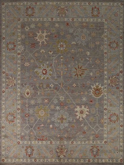 8x10 Refined Blue Grey and Ivory Oushak Hand Knotted All-Over Diamond Trellis Floral Antique Wool Area Rug