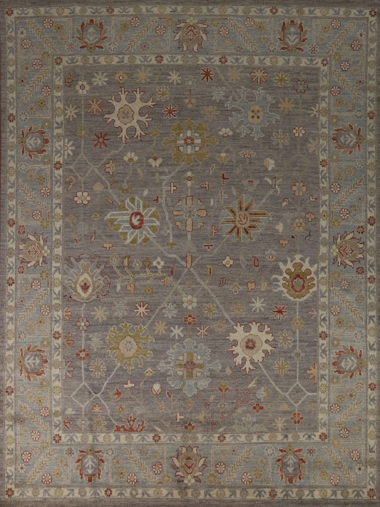8x10 Refined Blue Grey and Ivory Oushak Hand Knotted All-Over Diamond Trellis Floral Antique Wool Area Rug 