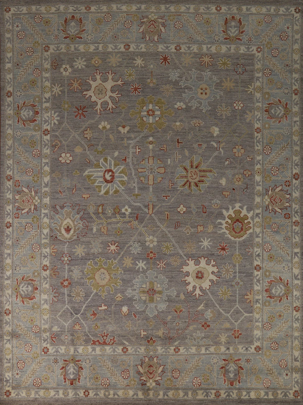 8x10 Refined Blue Grey and Ivory Oushak Hand Knotted All-Over Diamond Trellis Floral Antique Wool Area Rug