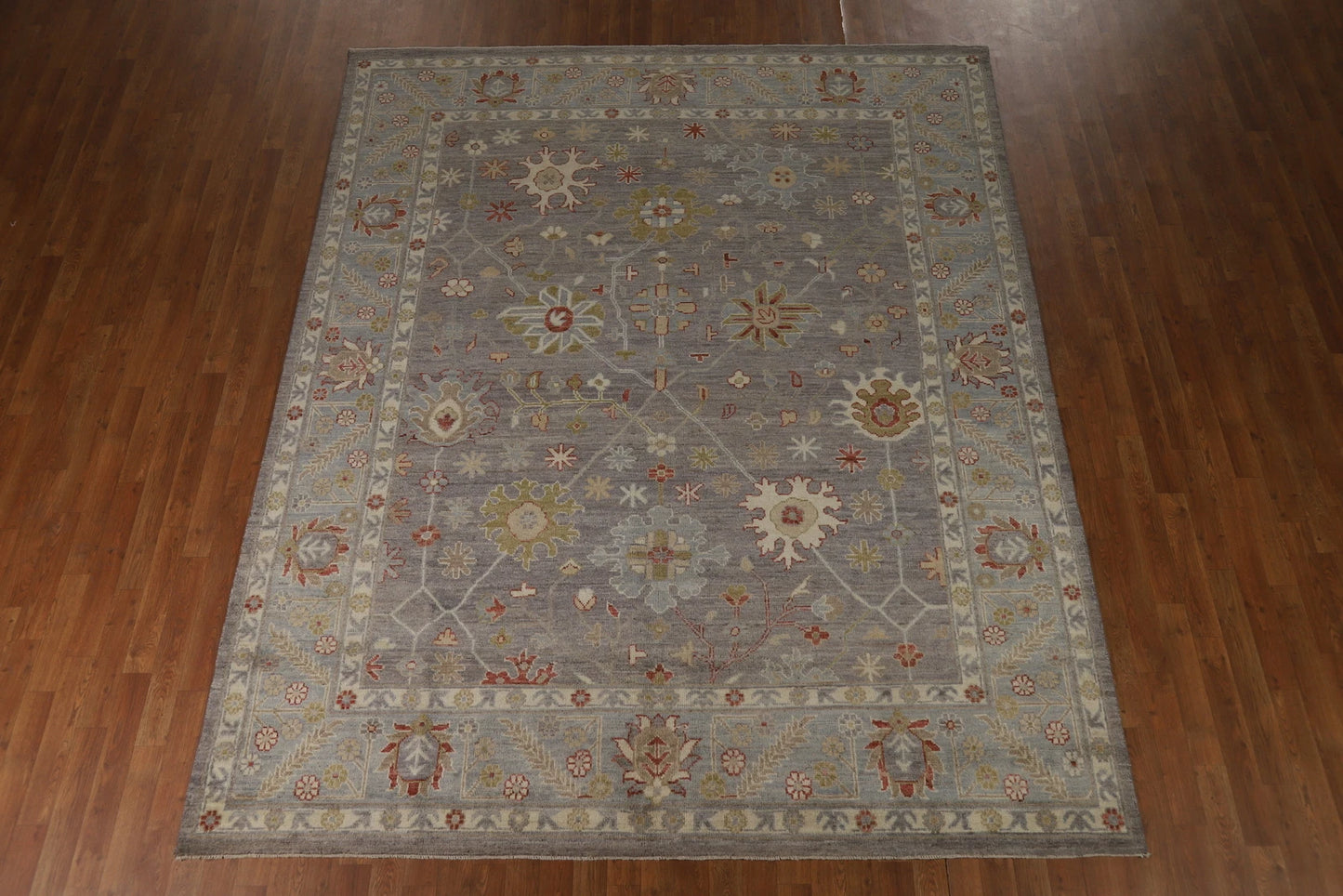 8x10 Refined Blue Grey and Ivory Oushak Hand Knotted All-Over Diamond Trellis Floral Antique Wool Area Rug