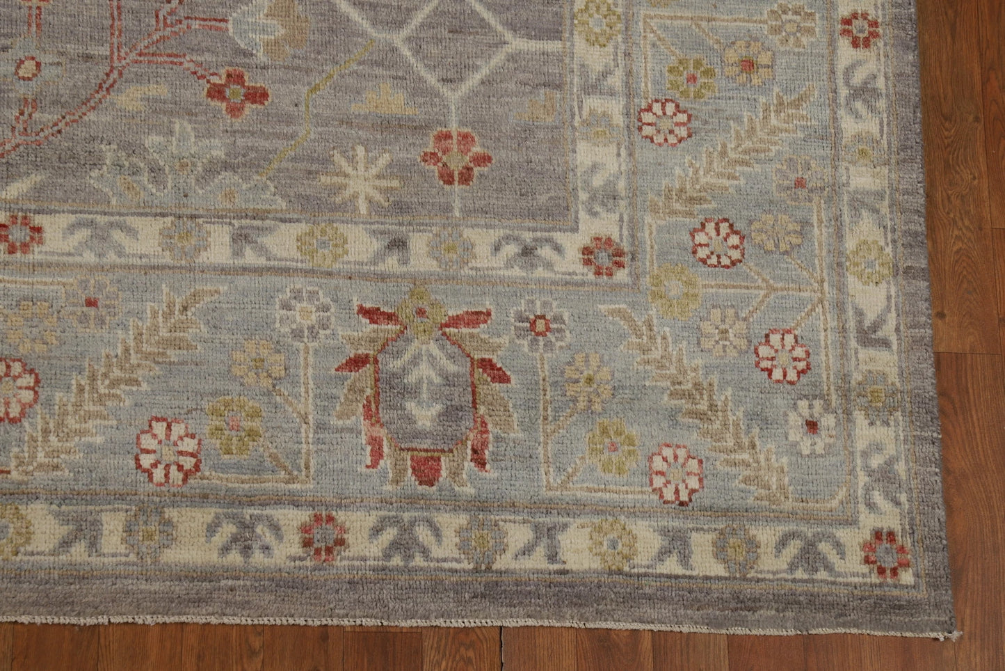 8x10 Refined Blue Grey and Ivory Oushak Hand Knotted All-Over Diamond Trellis Floral Antique Wool Area Rug