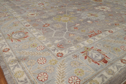8x10 Refined Blue Grey and Ivory Oushak Hand Knotted All-Over Diamond Trellis Floral Antique Wool Area Rug