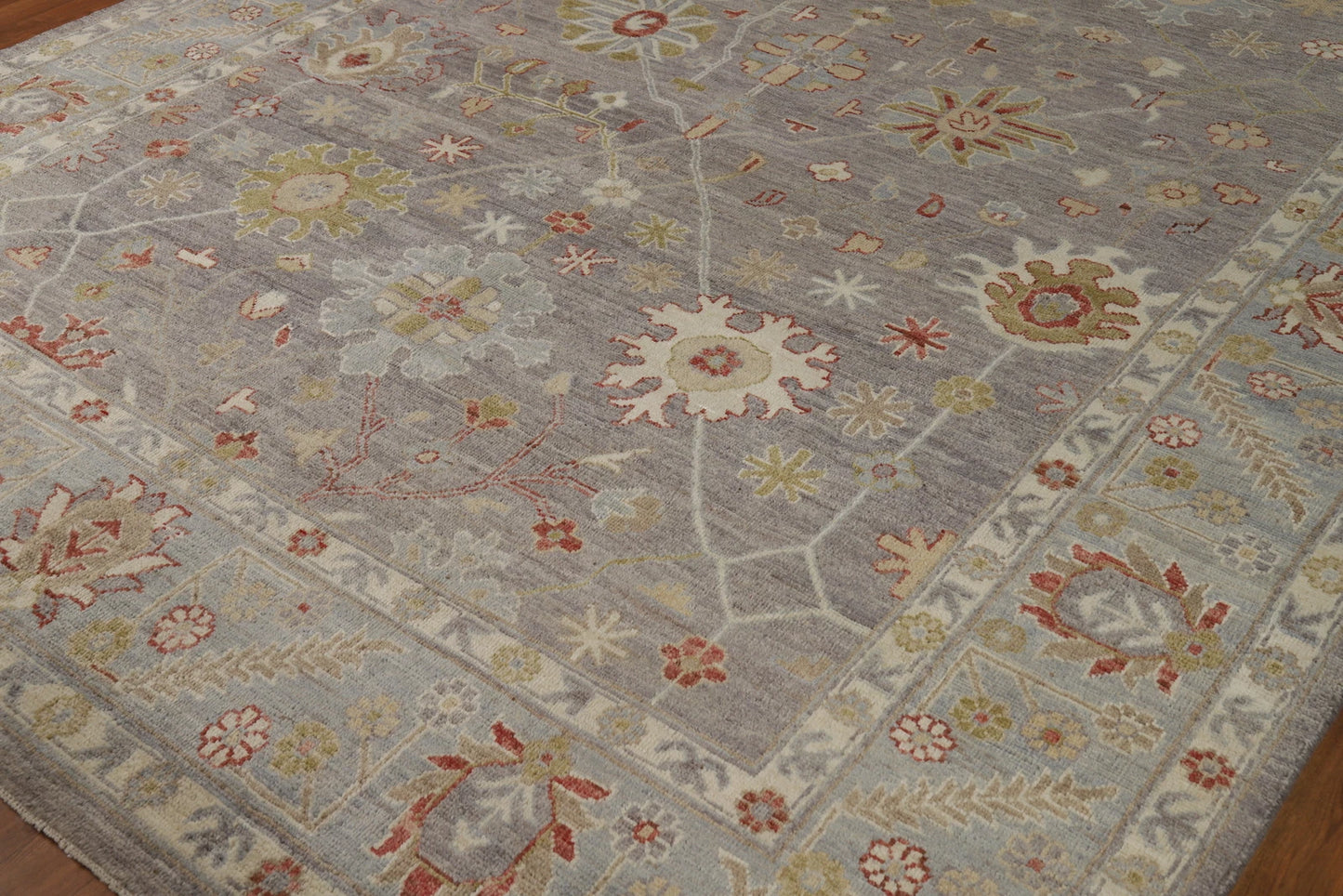 8x10 Refined Blue Grey and Ivory Oushak Hand Knotted All-Over Diamond Trellis Floral Antique Wool Area Rug