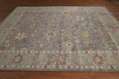 8x10 Refined Blue Grey and Ivory Oushak Hand Knotted All-Over Diamond Trellis Floral Antique Wool Area Rug