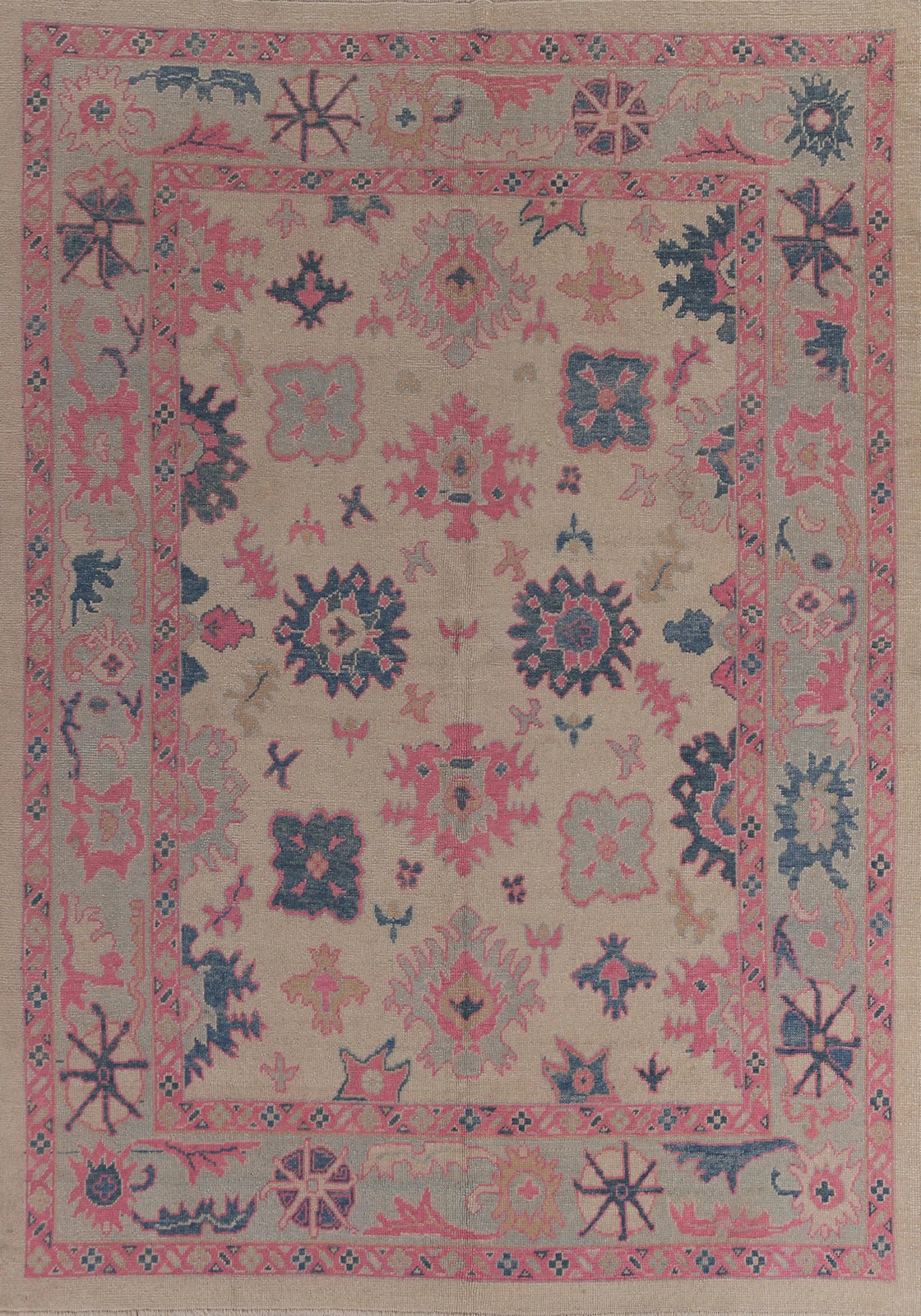 Hand Knotted Oushak Vibrant Sand Ivory and Coral Pink 8x10 All-Over Geometric Floral Medallion Wool Area Rug