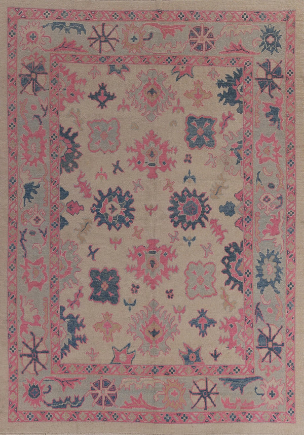 Hand Knotted Oushak Vibrant Sand Ivory and Coral Pink 8x10 All-Over Geometric Floral Medallion Wool Area Rug