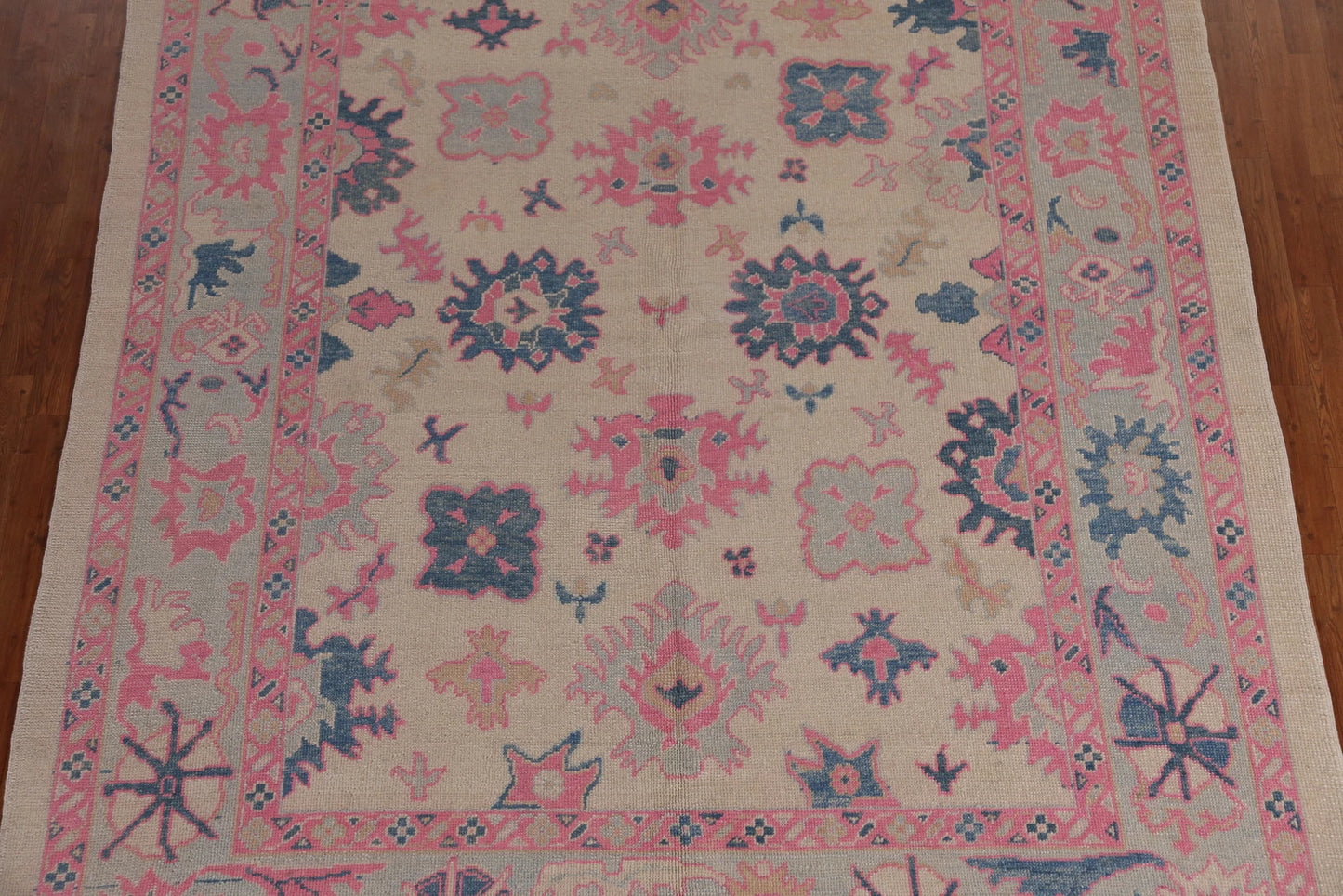 Hand Knotted Oushak Vibrant Sand Ivory and Coral Pink 8x10 All-Over Geometric Floral Medallion Wool Area Rug