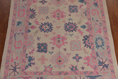 Hand Knotted Oushak Vibrant Sand Ivory and Coral Pink 8x10 All-Over Geometric Floral Medallion Wool Area Rug
