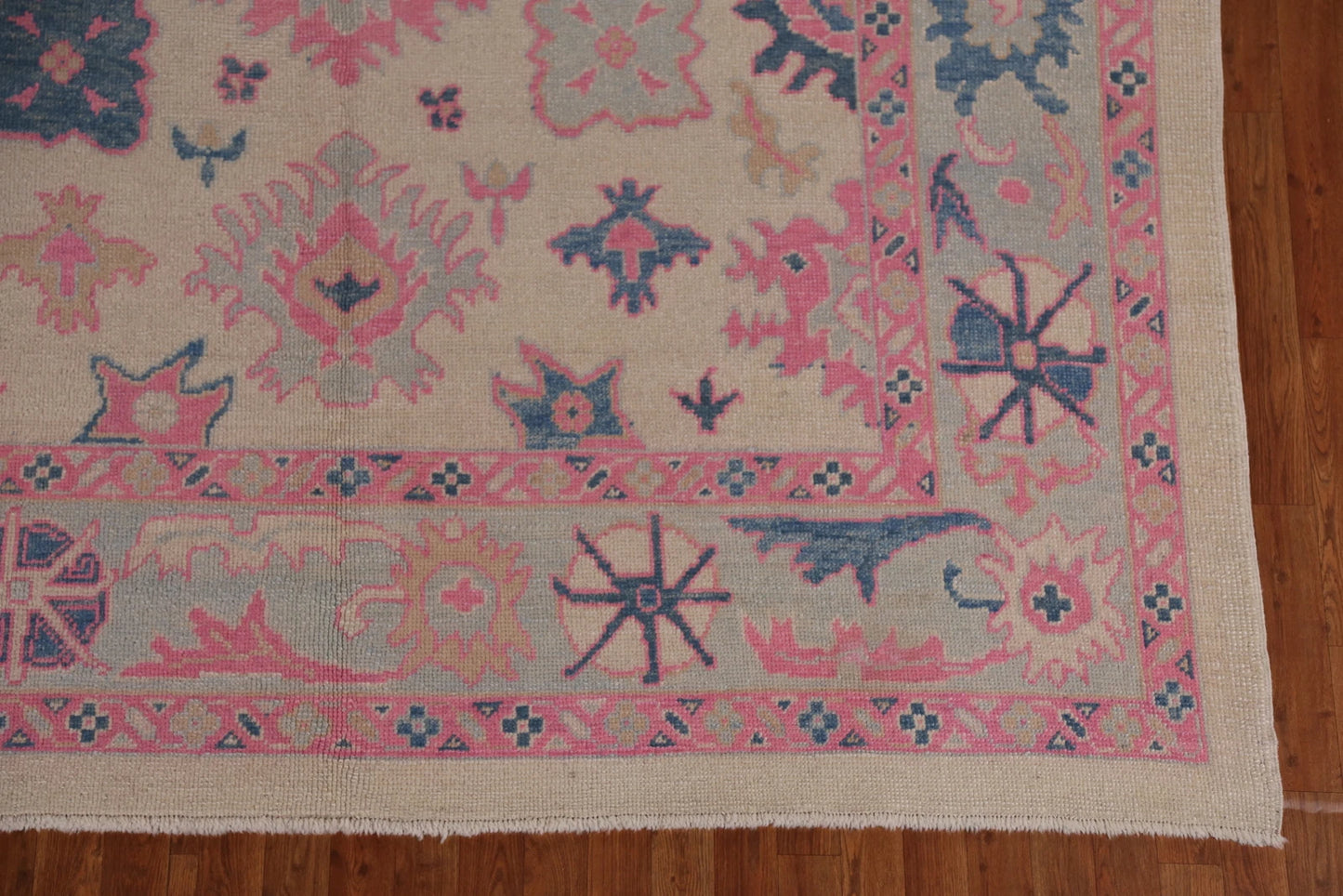 Hand Knotted Oushak Vibrant Sand Ivory and Coral Pink 8x10 All-Over Geometric Floral Medallion Wool Area Rug