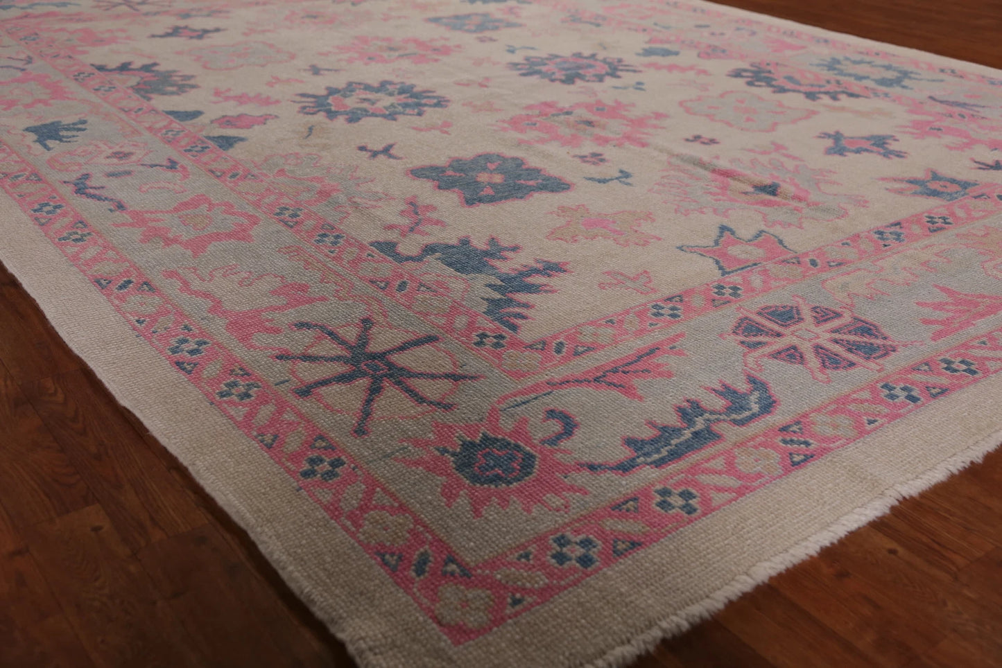 Hand Knotted Oushak Vibrant Sand Ivory and Coral Pink 8x10 All-Over Geometric Floral Medallion Wool Area Rug
