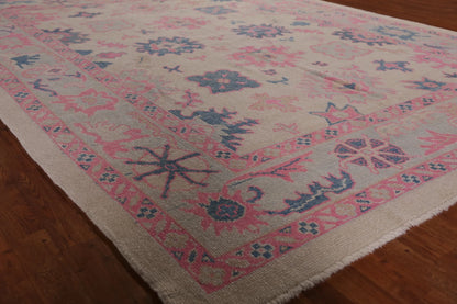 Hand Knotted Oushak Vibrant Sand Ivory and Coral Pink 8x10 All-Over Geometric Floral Medallion Wool Area Rug