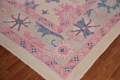 Hand Knotted Oushak Vibrant Sand Ivory and Coral Pink 8x10 All-Over Geometric Floral Medallion Wool Area Rug