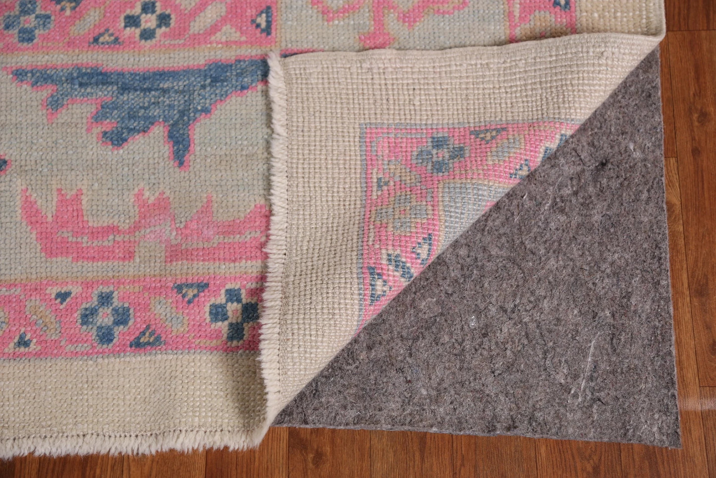 Hand Knotted Oushak Vibrant Sand Ivory and Coral Pink 8x10 All-Over Geometric Floral Medallion Wool Area Rug