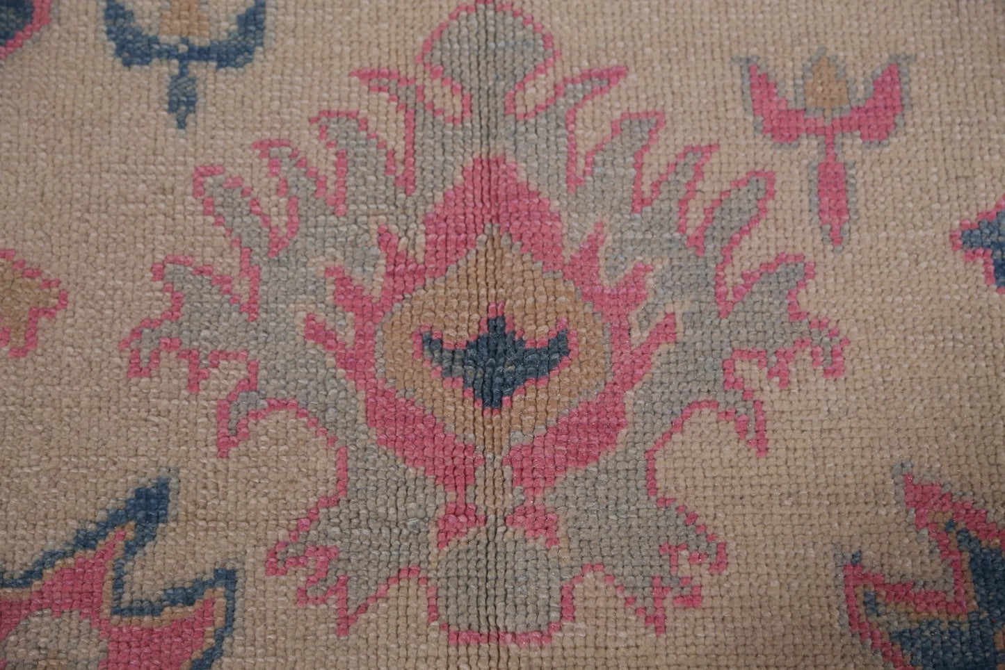 Hand Knotted Oushak Vibrant Sand Ivory and Coral Pink 8x10 All-Over Geometric Floral Medallion Wool Area Rug