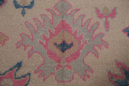 Hand Knotted Oushak Vibrant Sand Ivory and Coral Pink 8x10 All-Over Geometric Floral Medallion Wool Area Rug