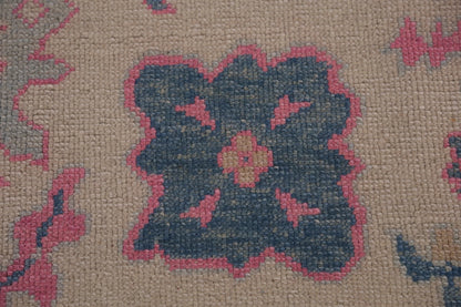 Hand Knotted Oushak Vibrant Sand Ivory and Coral Pink 8x10 All-Over Geometric Floral Medallion Wool Area Rug