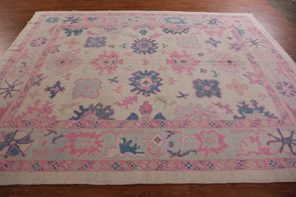 Hand Knotted Oushak Vibrant Sand Ivory and Coral Pink 8x10 All-Over Geometric Floral Medallion Wool Area Rug