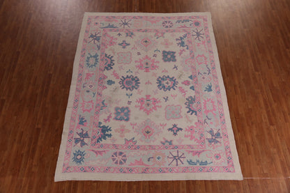 Hand Knotted Oushak Vibrant Sand Ivory and Coral Pink 8x10 All-Over Geometric Floral Medallion Wool Area Rug