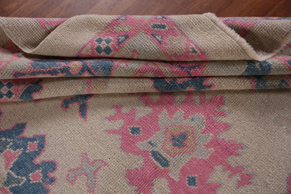 Hand Knotted Oushak Vibrant Sand Ivory and Coral Pink 8x10 All-Over Geometric Floral Medallion Wool Area Rug
