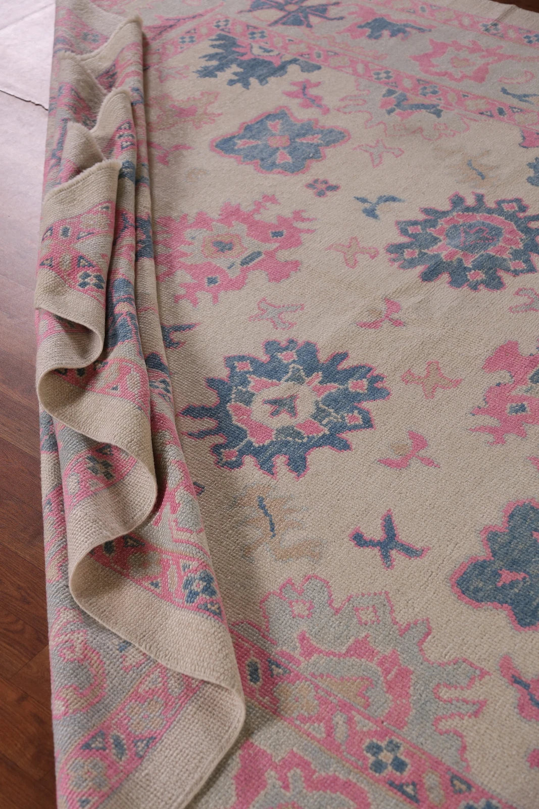 Hand Knotted Oushak Vibrant Sand Ivory and Coral Pink 8x10 All-Over Geometric Floral Medallion Wool Area Rug