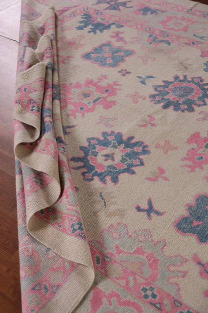 Hand Knotted Oushak Vibrant Sand Ivory and Coral Pink 8x10 All-Over Geometric Floral Medallion Wool Area Rug