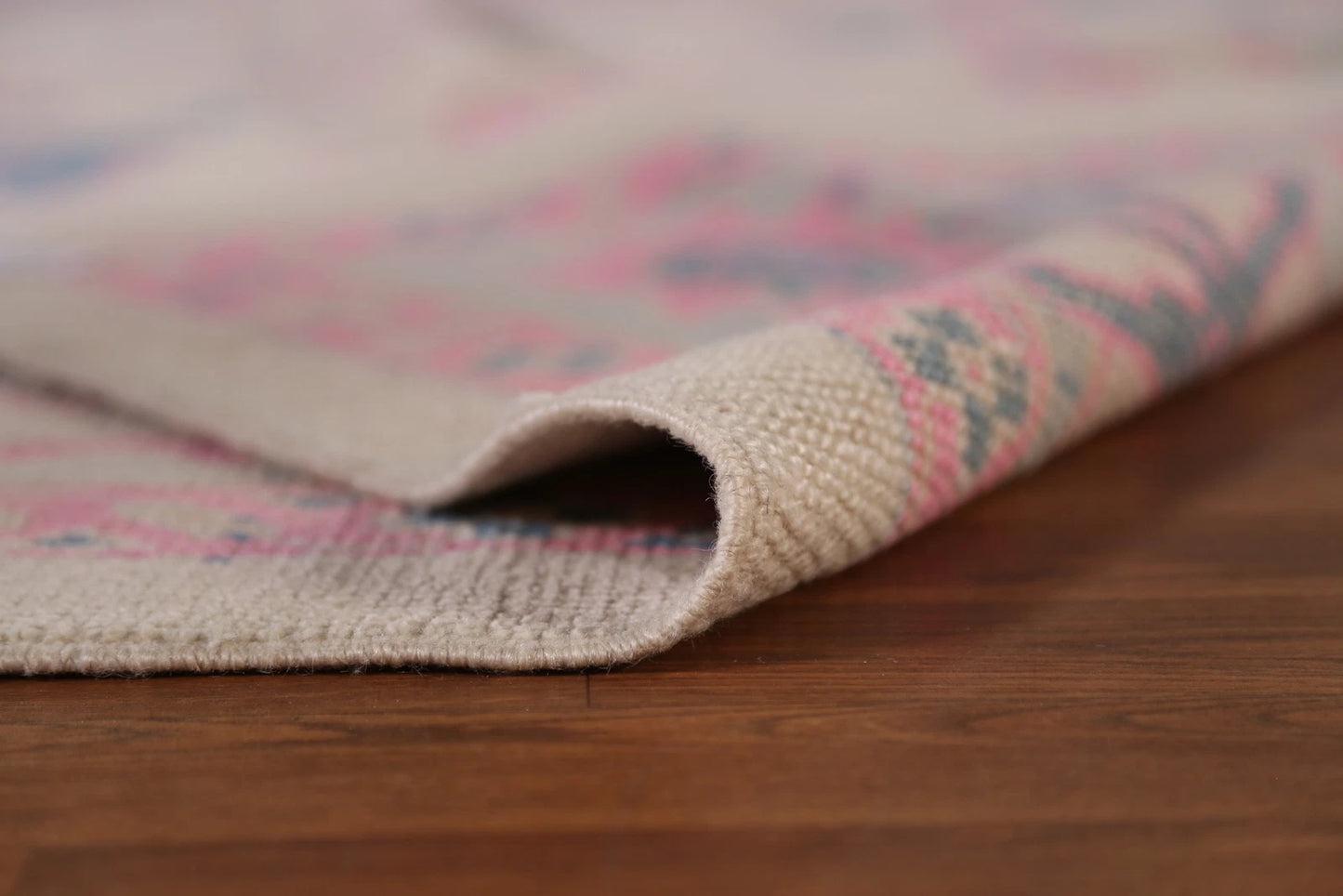 Hand Knotted Oushak Vibrant Sand Ivory and Coral Pink 8x10 All-Over Geometric Floral Medallion Wool Area Rug