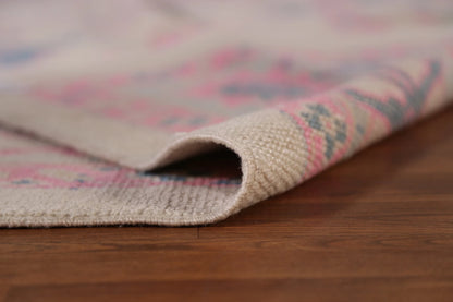 Hand Knotted Oushak Vibrant Sand Ivory and Coral Pink 8x10 All-Over Geometric Floral Medallion Wool Area Rug