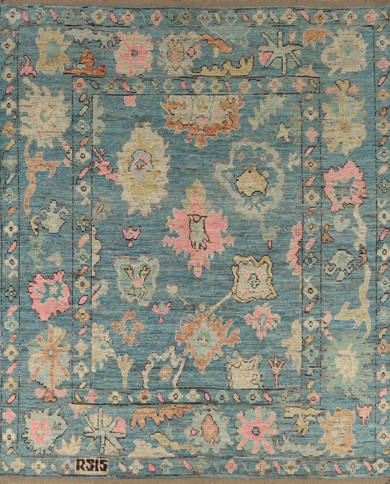 Teal and Blush Pink 8x10 Hand Knotted Romantic Oushak All-Over Bold Floral Scatter Wool Area Rug 