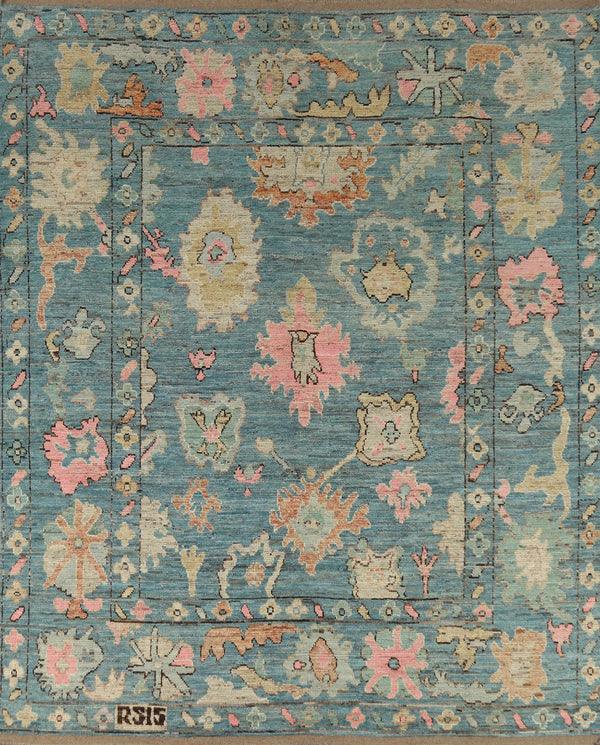 Duck Egg Teal and Blush Pink 8x10 Hand Knotted Romantic Oushak All-Over Bold Floral Scatter Wool Area Rug