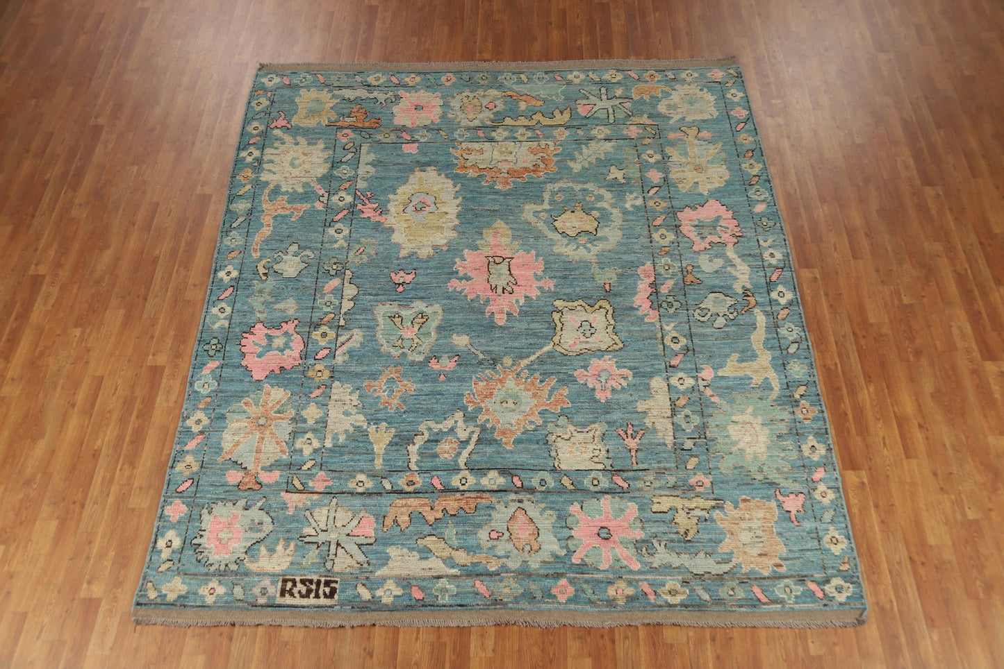 Teal and Blush Pink 8x10 Hand Knotted Romantic Oushak All-Over Bold Floral Scatter Wool Area Rug 