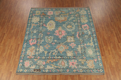 Teal and Blush Pink 8x10 Hand Knotted Romantic Oushak All-Over Bold Floral Scatter Wool Area Rug 