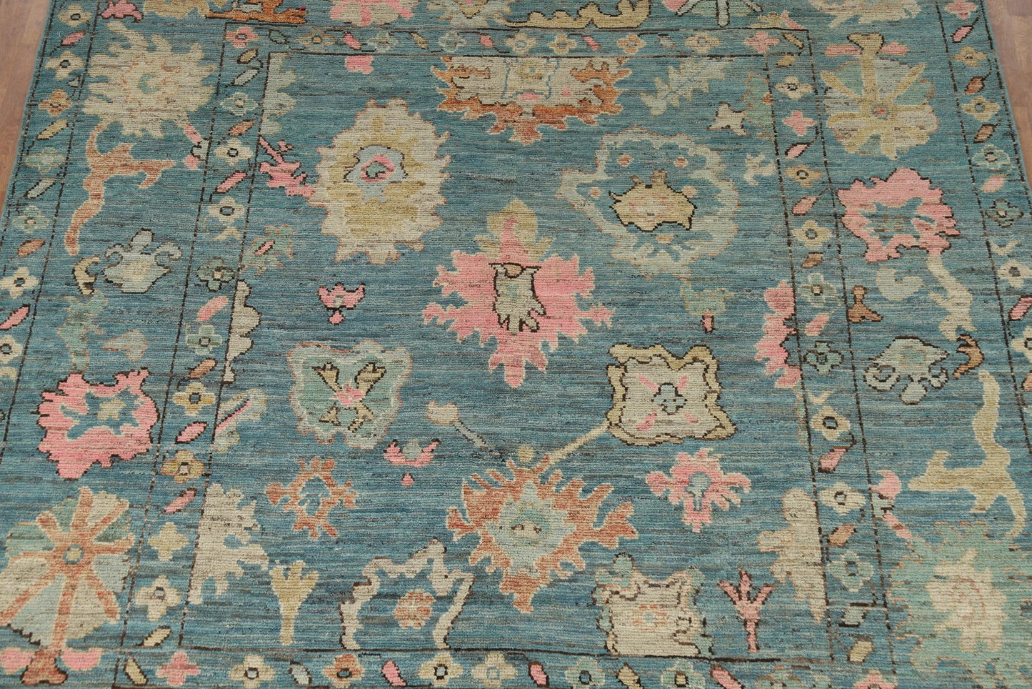 Teal and Blush Pink 8x10 Hand Knotted Romantic Oushak All-Over Bold Floral Scatter Wool Area Rug 
