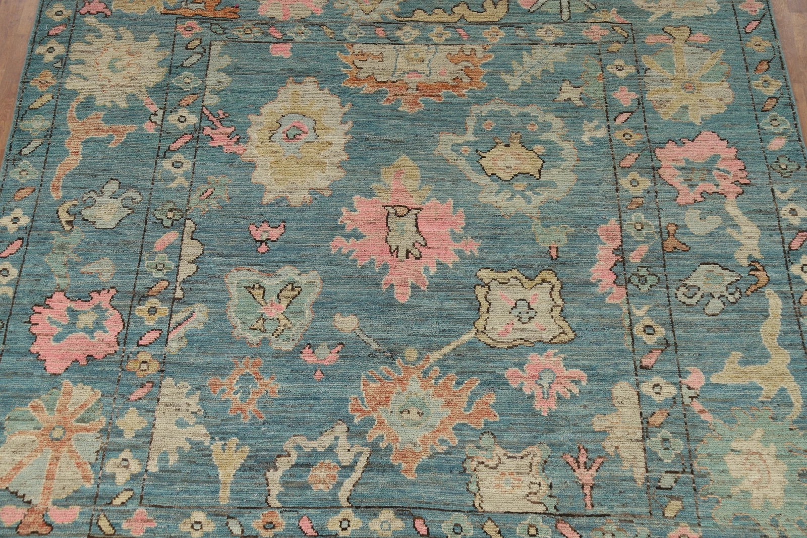 Teal and Blush Pink 8x10 Hand Knotted Romantic Oushak All-Over Bold Floral Scatter Wool Area Rug 