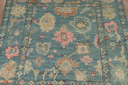 Teal and Blush Pink 8x10 Hand Knotted Romantic Oushak All-Over Bold Floral Scatter Wool Area Rug 