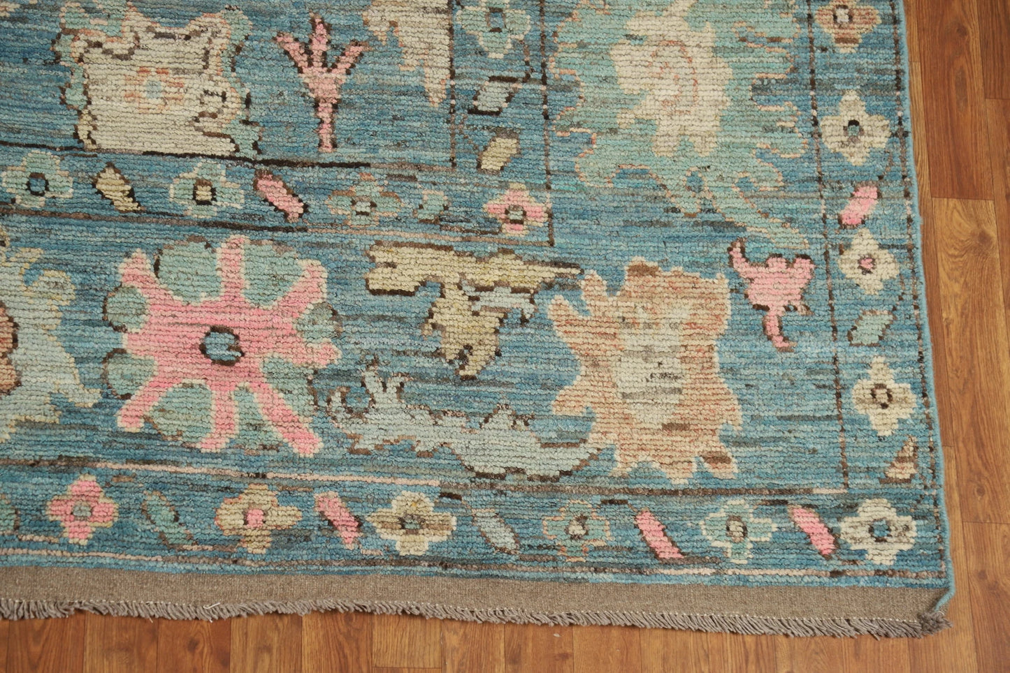 Teal and Blush Pink 8x10 Hand Knotted Romantic Oushak All-Over Bold Floral Scatter Wool Area Rug 