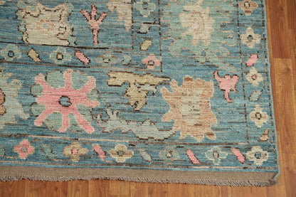 Teal and Blush Pink 8x10 Hand Knotted Romantic Oushak All-Over Bold Floral Scatter Wool Area Rug 