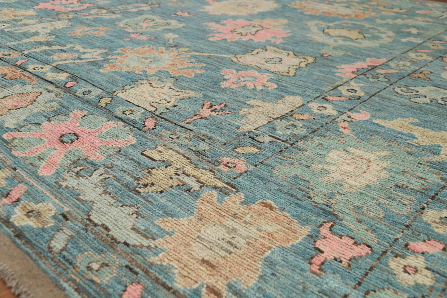 Teal and Blush Pink 8x10 Hand Knotted Romantic Oushak All-Over Bold Floral Scatter Wool Area Rug 