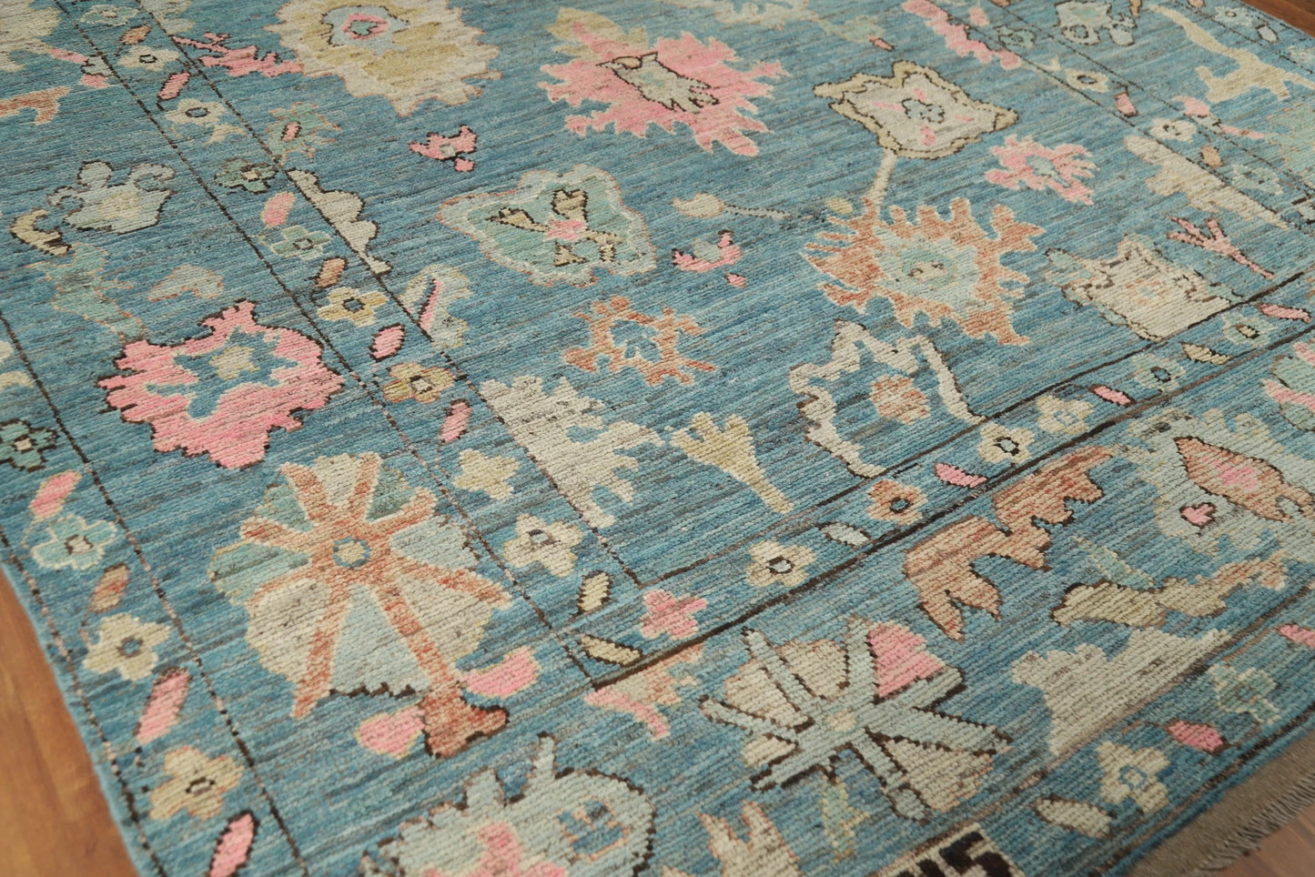 Teal and Blush Pink 8x10 Hand Knotted Romantic Oushak All-Over Bold Floral Scatter Wool Area Rug 