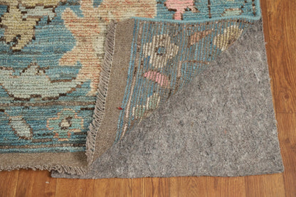 Teal and Blush Pink 8x10 Hand Knotted Romantic Oushak All-Over Bold Floral Scatter Wool Area Rug 